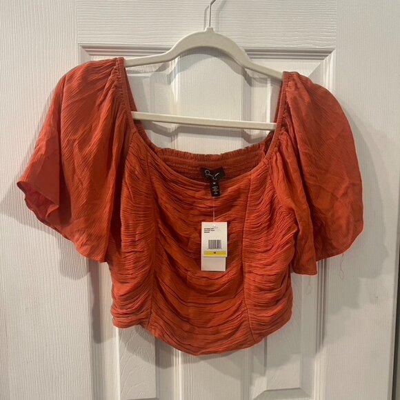 Jessica Simpson Ruched Crop Top – Puff Sleeve Peasant Style, Size M, NWT - Picture 2 of 4